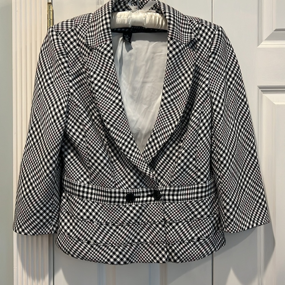 White House Black Market Jacket Black Maroon Plaid Size 10 Fully Lined